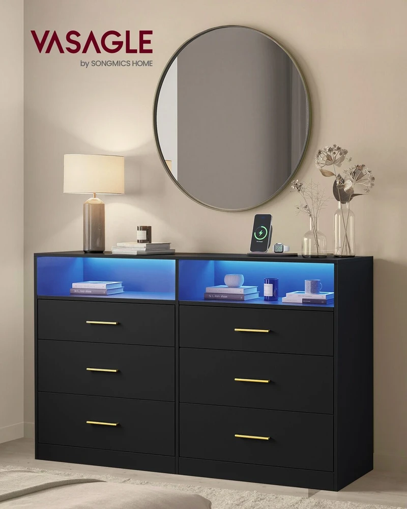 Songmics VASAGLE komoda su LED apšvietimu ir maitinimo lizdais, 6 stalčių, 40 × 119 × 81,2 cm, LTS316BC01