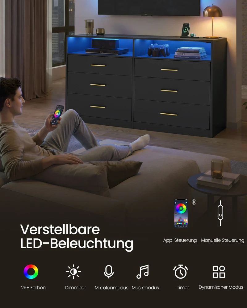 Songmics VASAGLE komoda su LED apšvietimu ir maitinimo lizdais, 6 stalčių, 40 × 119 × 81,2 cm, LTS316BC01