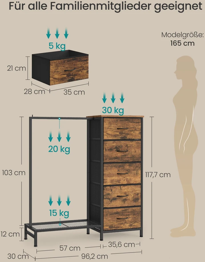 Songmics Komoda su 5 medžiaginiais stalčiais ir drabužių skersiniu, ruda 96,2 × 30 × 117,7 cm