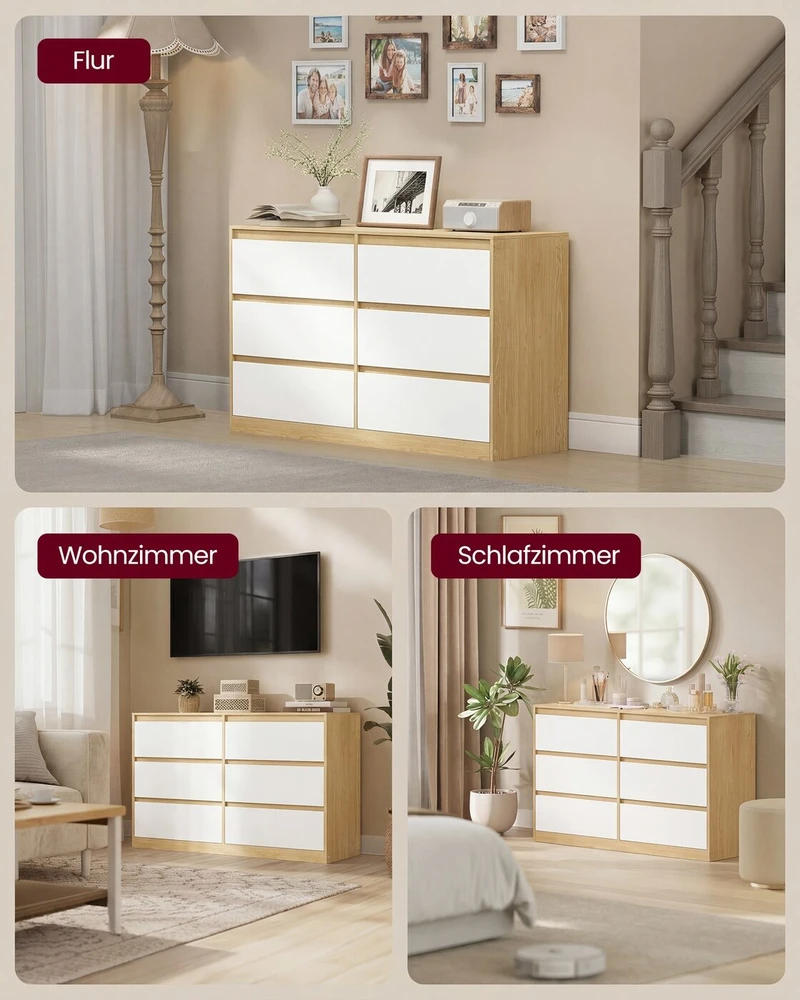 Songmics Komoda su 6 stalčiais, migdolų geltonos ir baltos spalvos, 119,4 × 40 × 75 cm