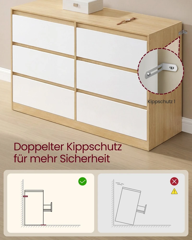 Songmics Komoda su 6 stalčiais, migdolų geltonos ir baltos spalvos, 119,4 × 40 × 75 cm