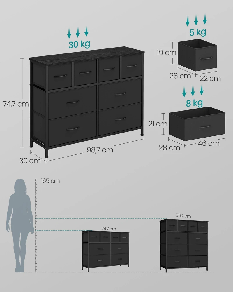 Songmics Komoda su 8 medžiaginiais stalčiais ir metaliniu rėmu, juoda, 98,7 x 30 x 74,7 cm