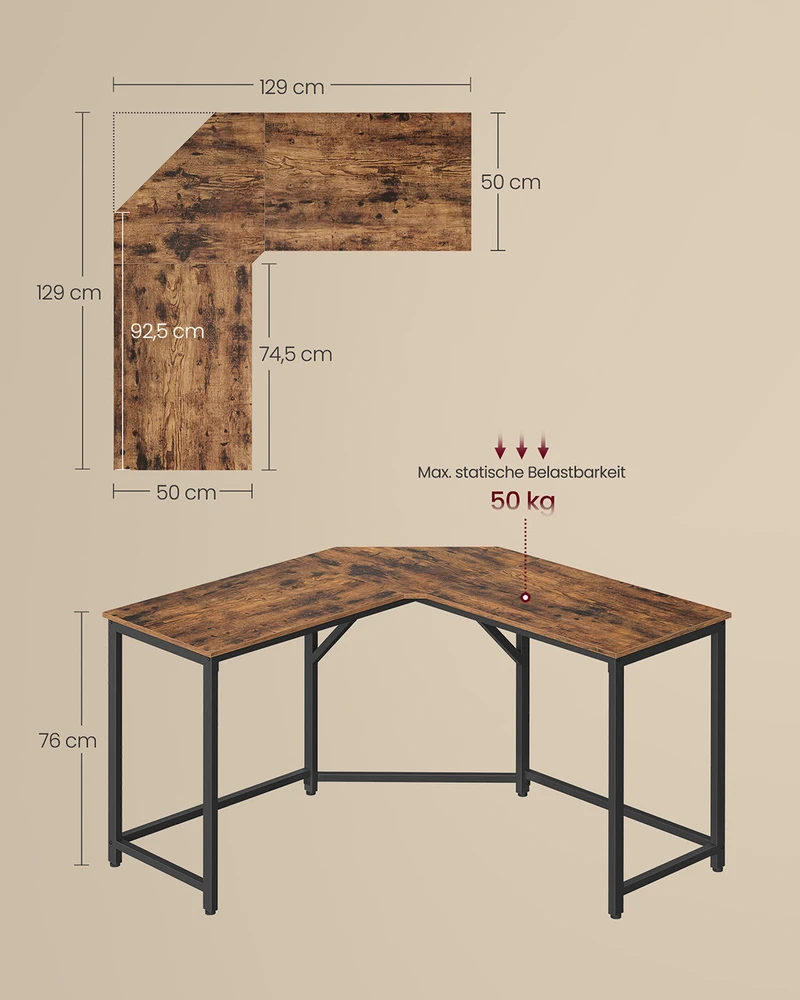 Vasagle Kampinis rašomasis stalas 129 x 129 x 76 cm vintažinis rudai rausvas-juodas
