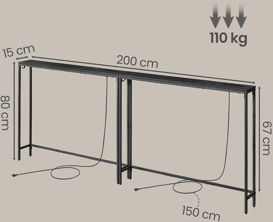 Songmics Konsolinis staliukas su elektros lizdu, antracito pilkas, 100 x 15 x 80 cm