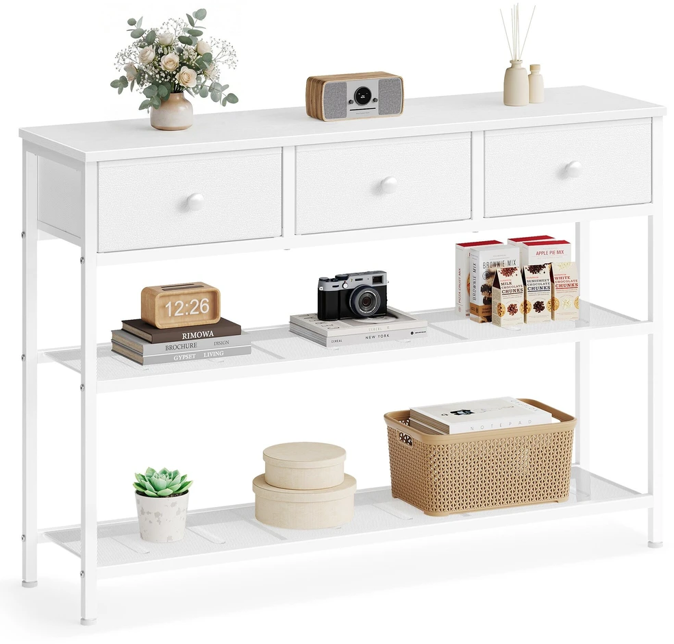 Songmics Konsolinis stalas su 3 stalčiais, baltas, 98,8 × 30 × 78,7 cm