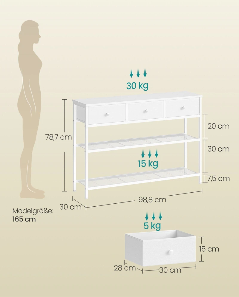 Songmics Konsolinis stalas su 3 stalčiais, baltas, 98,8 × 30 × 78,7 cm