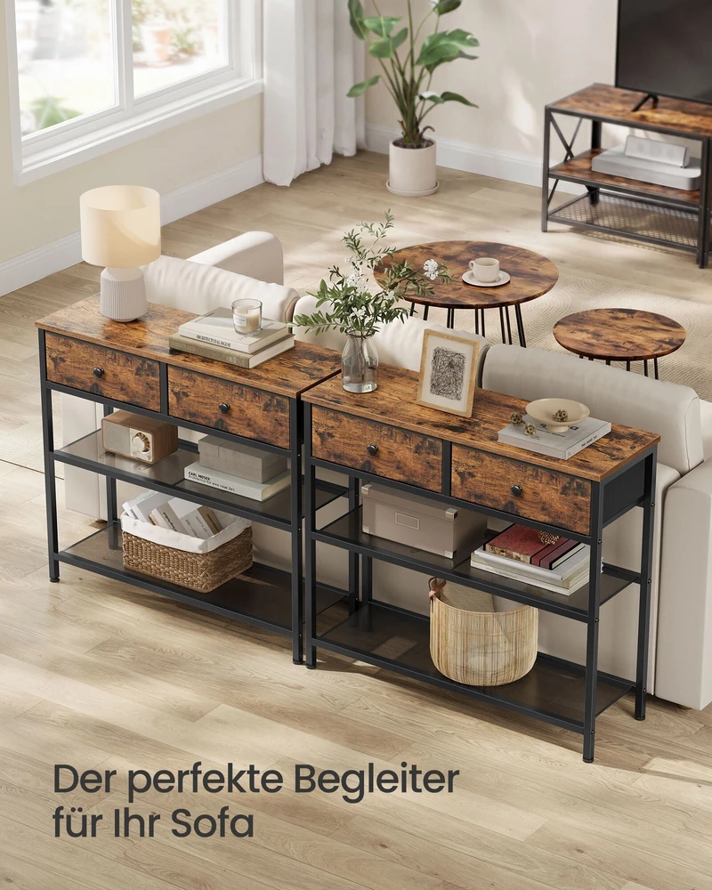Songmics Konsolinis staliukas su 2 stalčiais, vintažinės rudos spalvos, 76,7 × 30 × 78,7 cm
