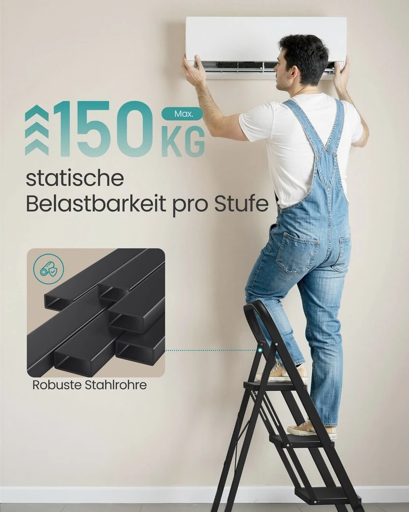 Songmics 3 pakopų sulankstoma kopėčia su fiksavimo mechanizmu 43 x 67 x 98 cm juoda