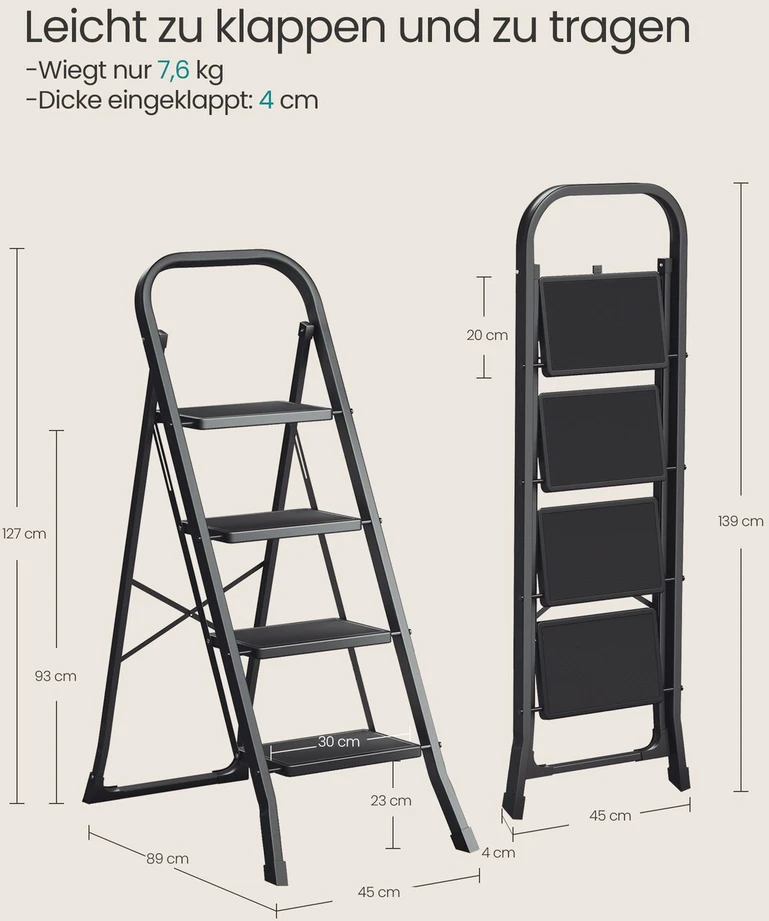 Songmics 4 pakopų sulankstoma kopėčia su fiksavimo mechanizmu 89 x 45 x 127 cm juoda