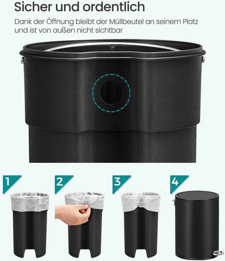 Songmics Šiukšliadėžė su dangčiu 6 l juoda