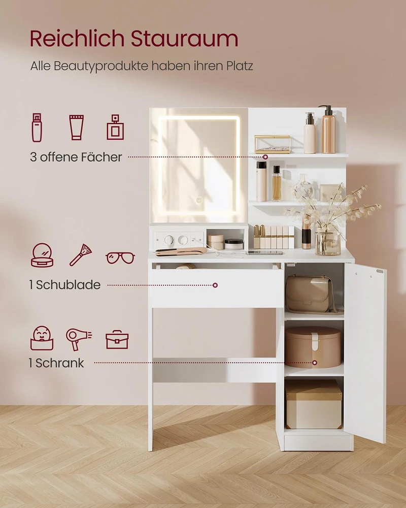 4Housedesign Vasagle "Kailyn" kolekcija - tualetinis staliukas su LED veidrodžiu, stalčiumi ir atviromis lentynomis
