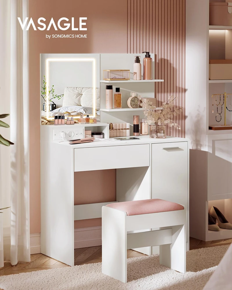 4Housedesign Vasagle "Kailyn" kolekcija - tualetinis staliukas su LED veidrodžiu, stalčiumi ir atviromis lentynomis