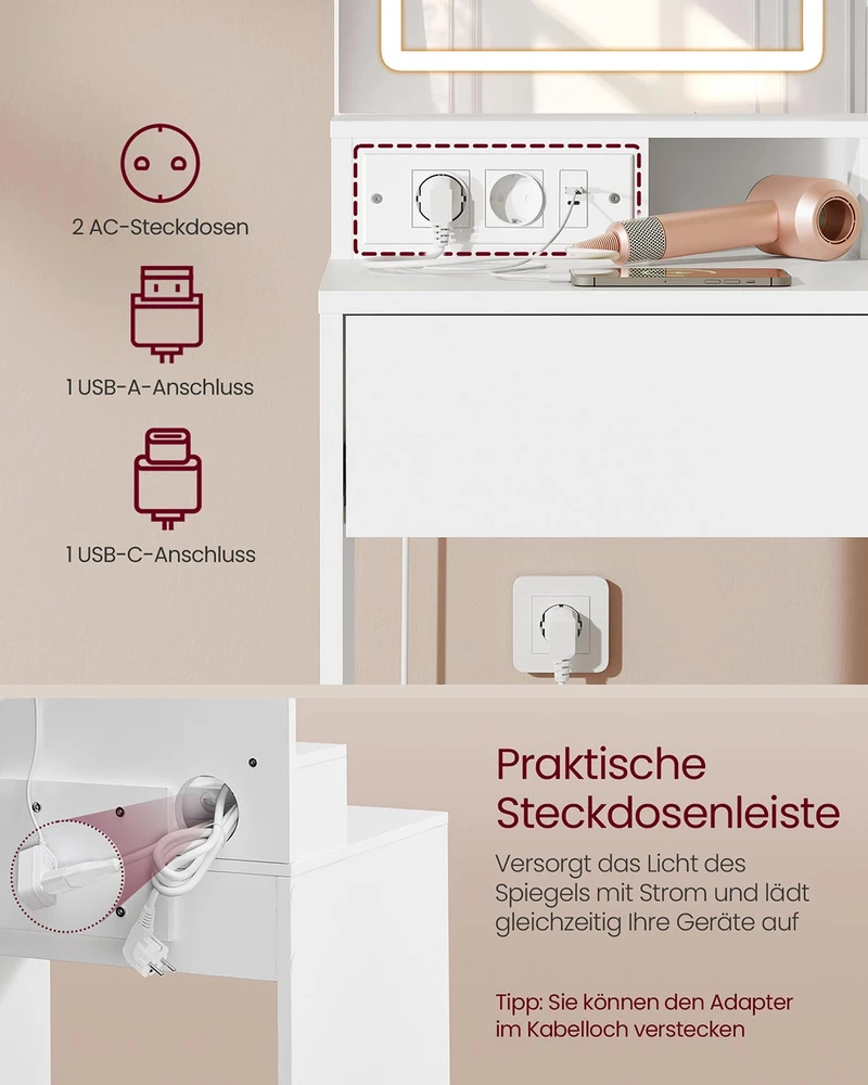 4Housedesign Vasagle "Kailyn" kolekcija - tualetinis staliukas su LED veidrodžiu, stalčiumi ir atviromis lentynomis