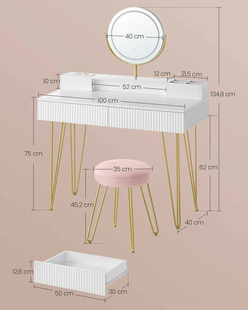 Songmics Vasagle Tualetinis staliukas su taburete ir apšvietimu 40 x 100 x 134,8 cm