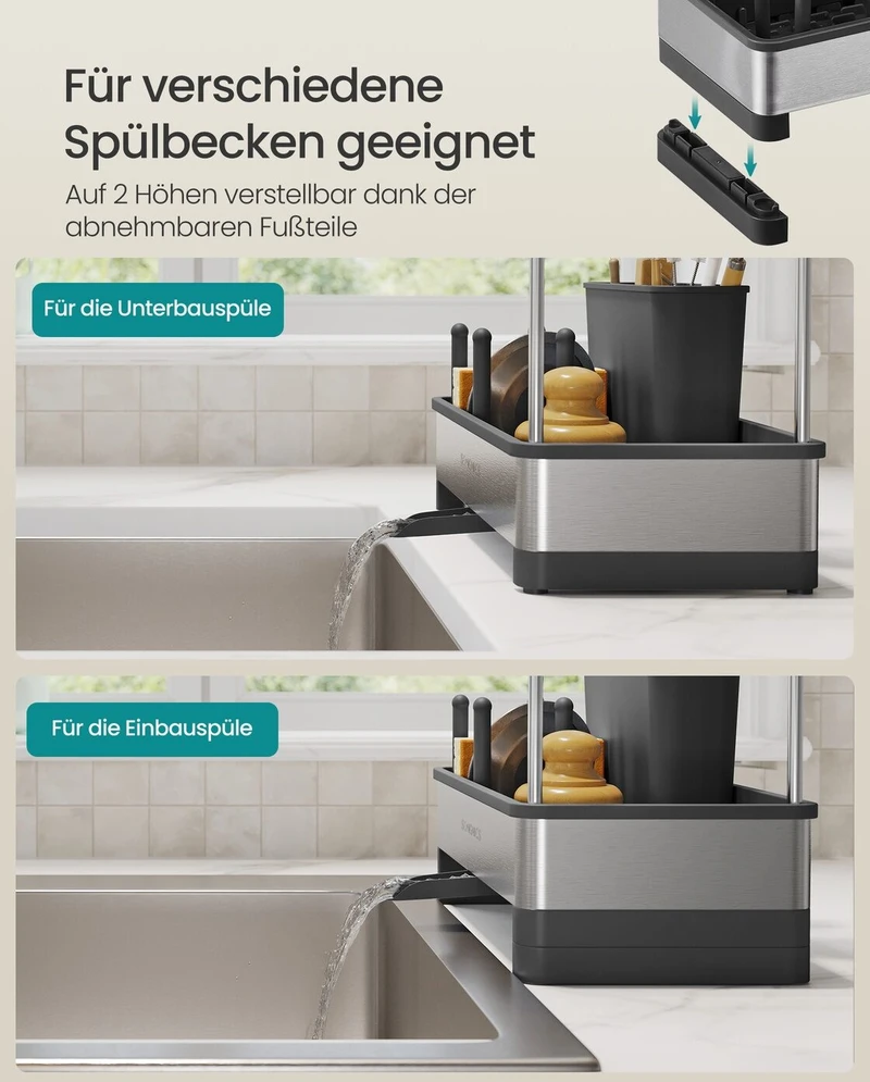SONGMICS virtuvės kriauklės laikiklis „Tidy“, kriauklės organizatorius su kempinės laikikliu, indų plovimo reikmenų laikiklis šepetėliams, šluostėms, muilui, nerūdijančio plieno, taupantis vietą, pasukamas snapelis, juodos ir sidabrinės spalvos