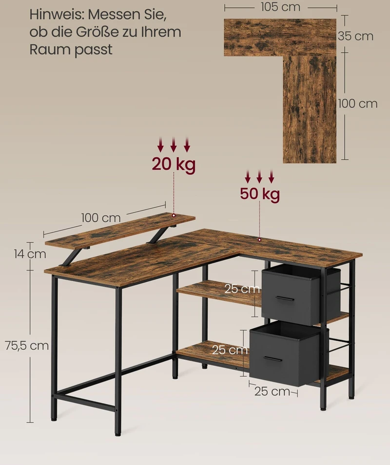 Vasagle L formos rašomasis stalas su 2 stalčiais 135 x 105 cm