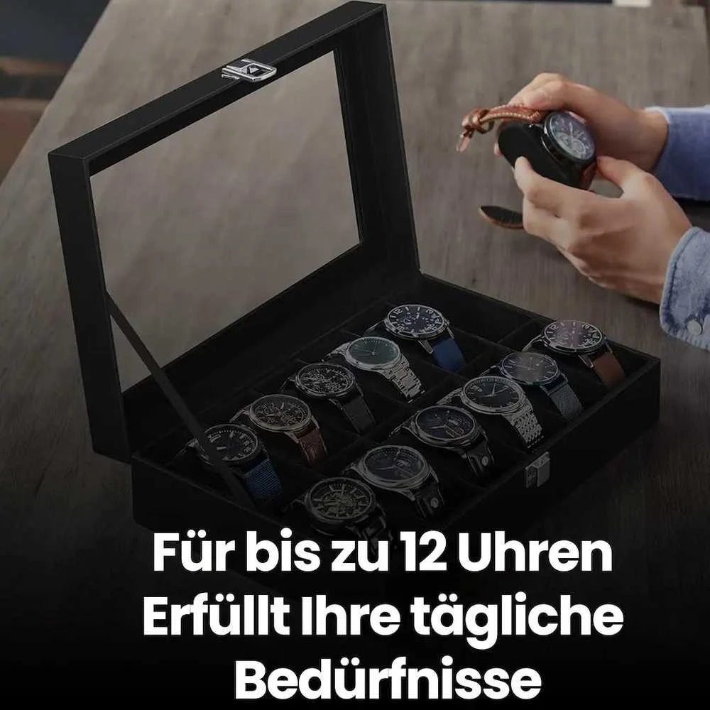 SONGMICS laikrodžių dėžutė su 12 skyrelių, laikrodžių dėžutė, stiklinis dangtis