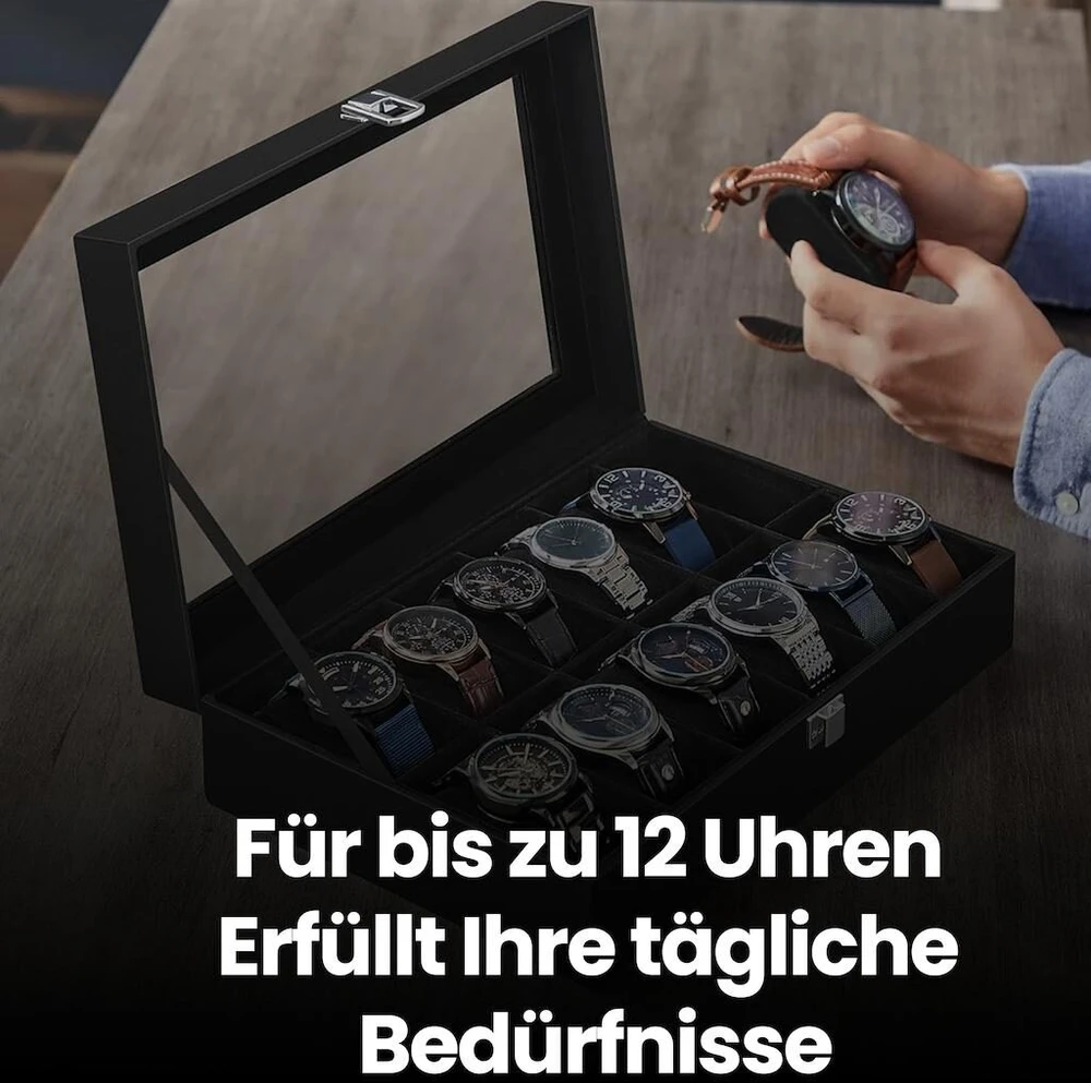 SONGMICS laikrodžių dėžutė su 12 skyrelių, laikrodžių dėžutė, stiklinis dangtis