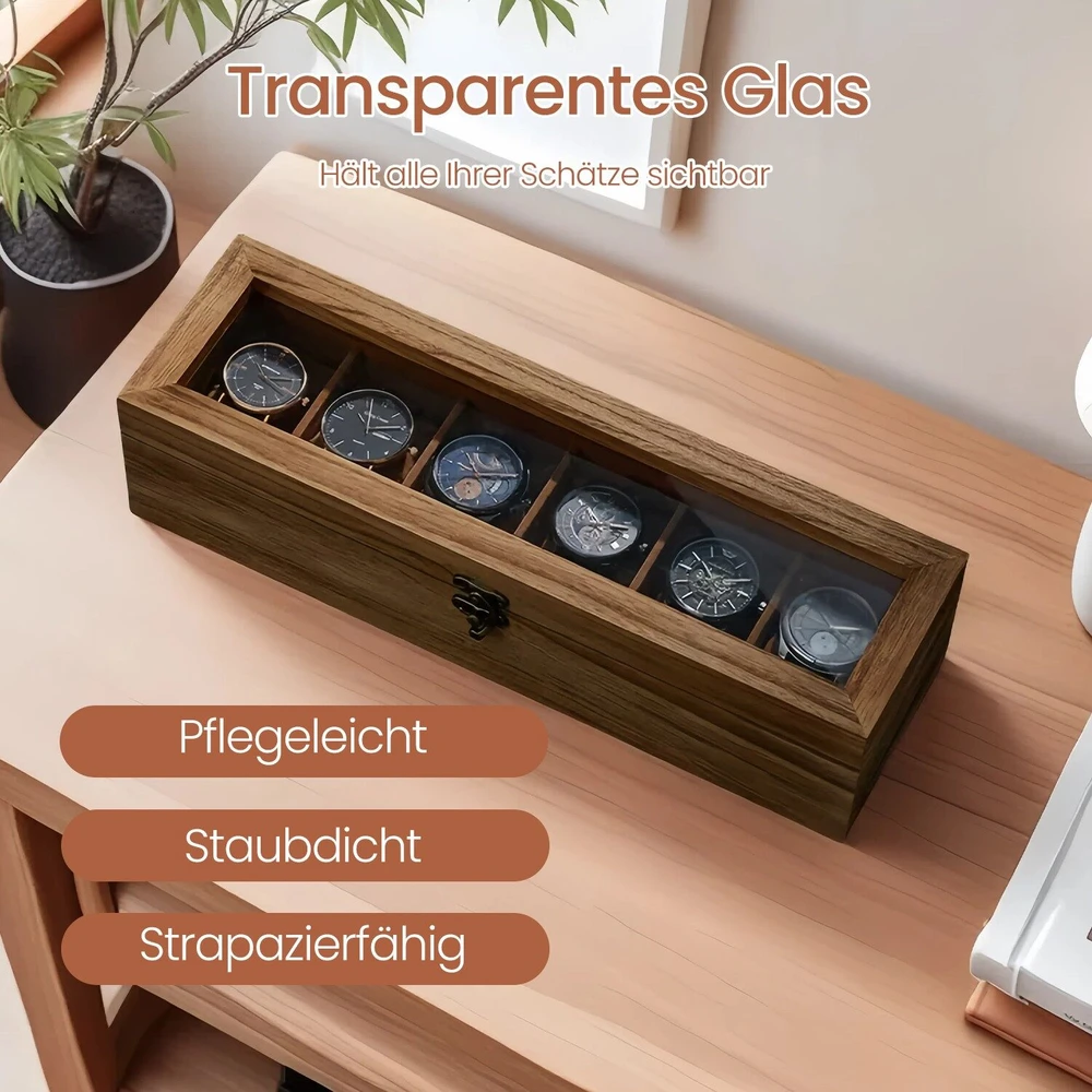 SONGMICS laikrodžių dėžutė su 6 skyreliais, tvirto medžio laikrodžių dėžutė su stikliniu dangčiu