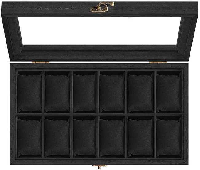 SONGMICS laikrodžių dėžutė su 12 skyrių 21 x 35 x 8,5 cm Juodas kaip rašalas