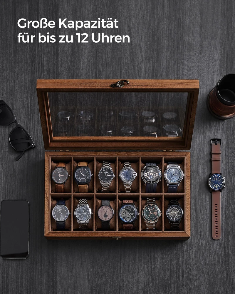 SONGMICS laikrodžių dėžutė iš paulovnijos medienos 12 skyrių su stiklo dangčiu 0194343045580