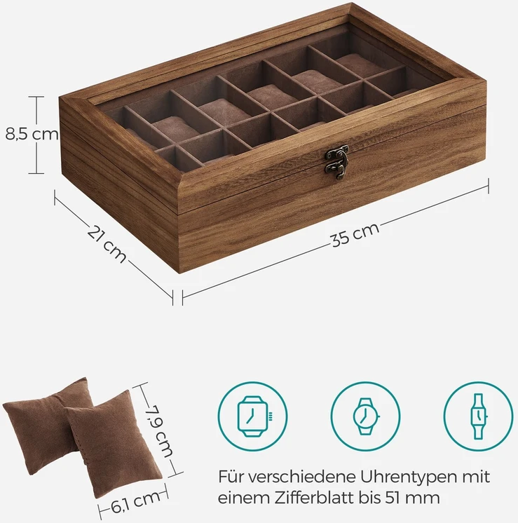 SONGMICS laikrodžių dėžutė iš paulovnijos medienos 12 skyrių su stiklo dangčiu 0194343045580