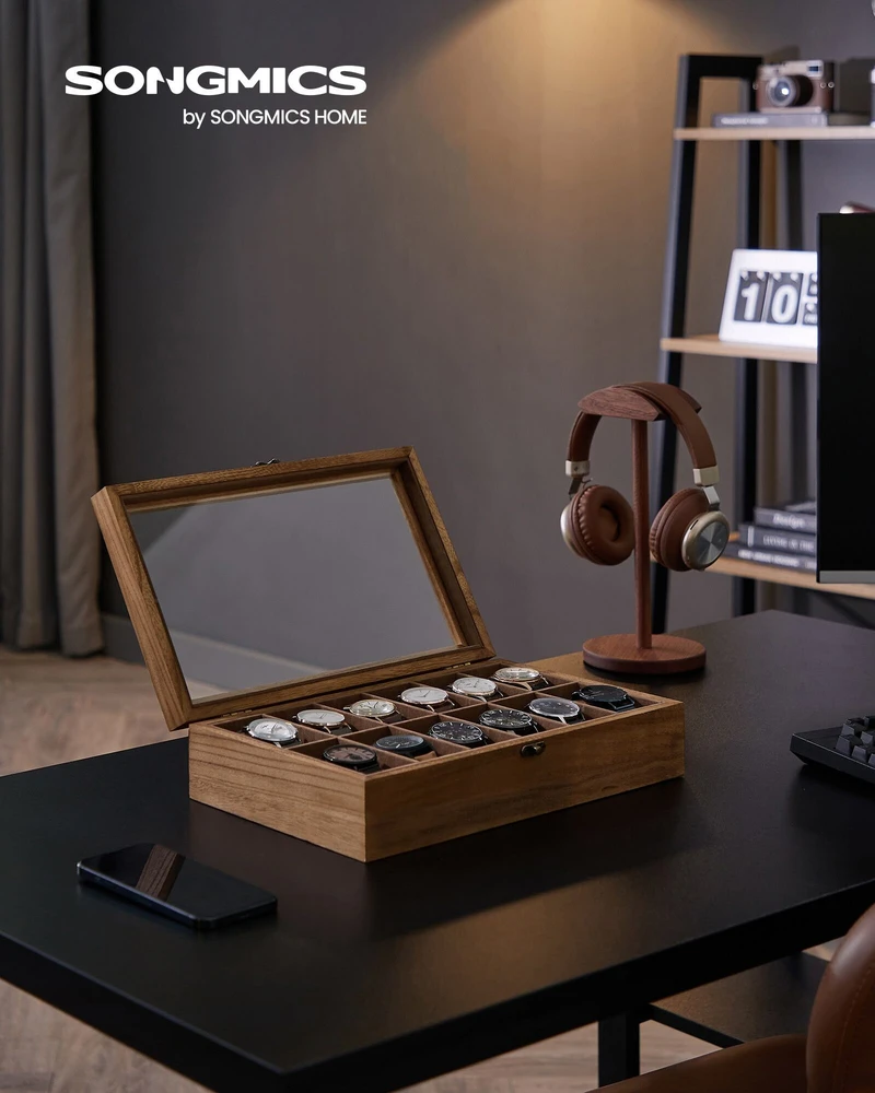 SONGMICS laikrodžių dėžutė iš paulovnijos medienos 12 skyrių su stiklo dangčiu 0194343045580