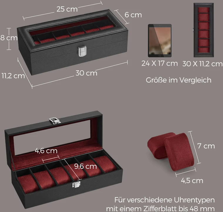 Songmics Laikrodžių dėžutė su 6 skyreliais, stiklinis dangtis, metalinė spyna, juoda