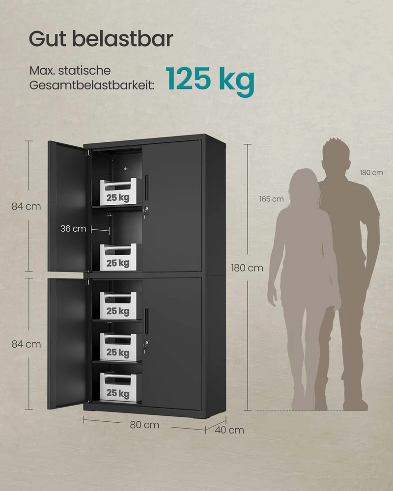 Songmics 4 durų ir 5 lygių 40 x 80 x 180 cm matinės juodos spalvos dokumentų spinta