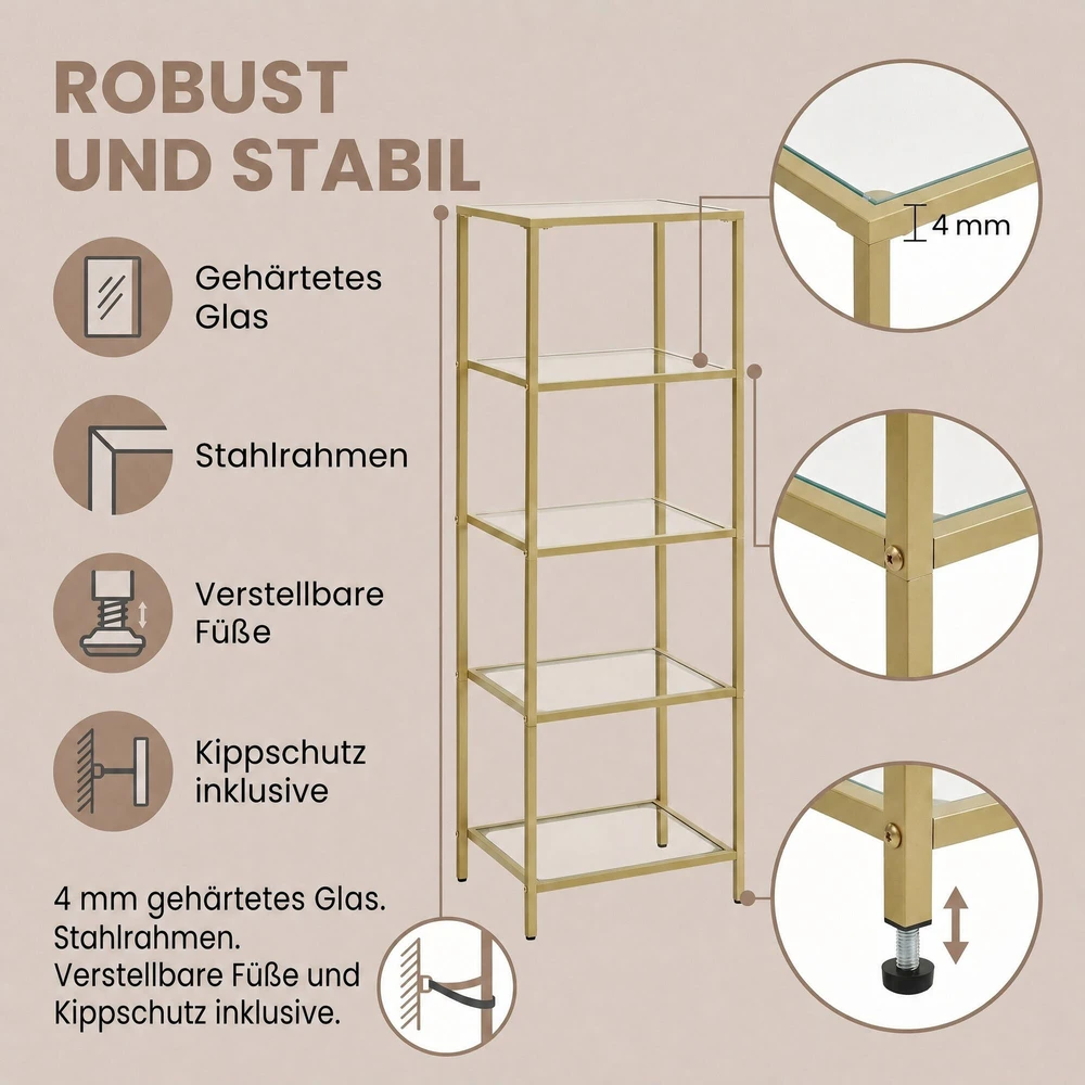 Songmics Spintelė su 5 stiklo lentynomis, 40 x 30 x 124.5 cm