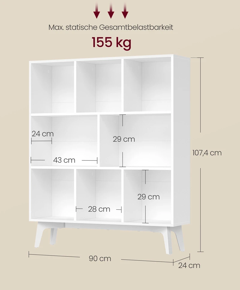 Songmics Knygų lentyna, 8 skyrių, debesų balta, 24 × 90 × 107,4 cm