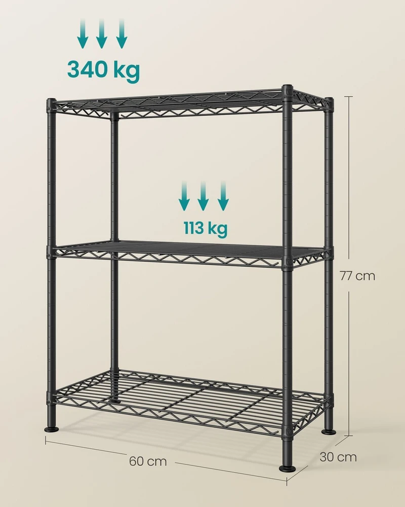 SONGMICS metalinis sandėliavimo stelažas su 3 reguliuojamomis lentynomis, 30 x 60 x 77 cm, LGR163BH01