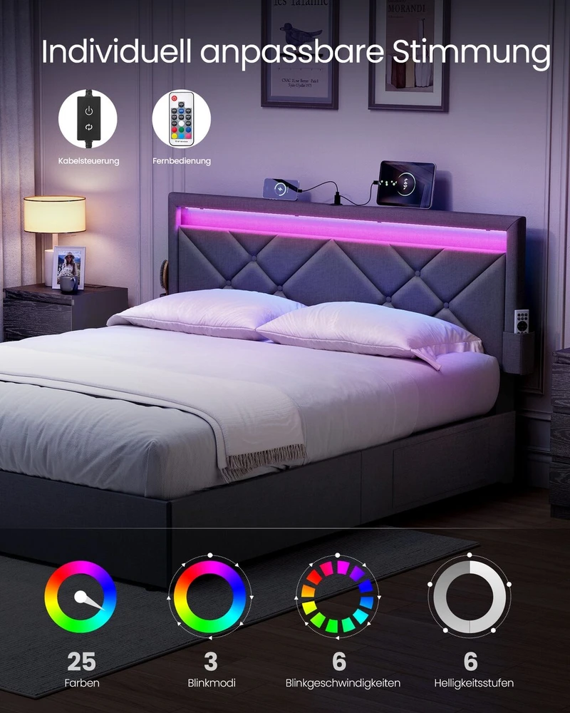 Songmics Metalinė lova su LED apšvietimu ir stalčiais
