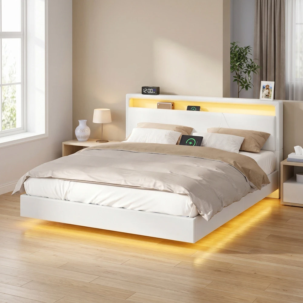 Songmics Lova su LED apšvietimu ir įkrovimo stotele 160 x 200 cm