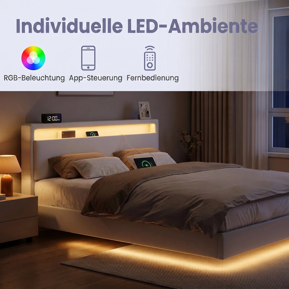 Songmics Lova su LED apšvietimu ir įkrovimo stotele 160 x 200 cm