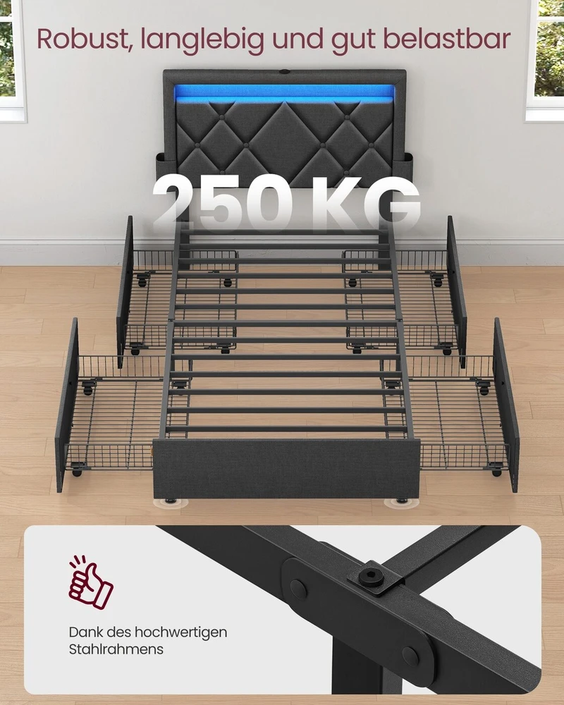 Songmics Metalinė lova su LED apšvietimu ir stalčiais