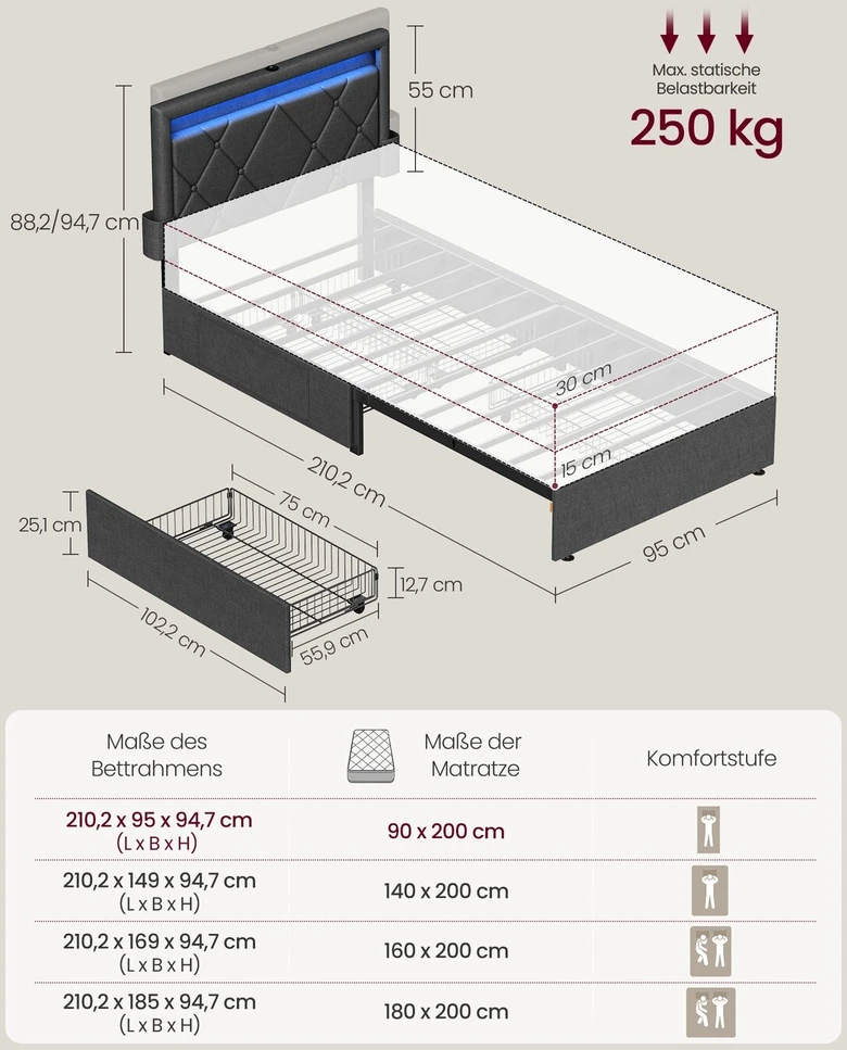 Songmics Metalinė lova su LED apšvietimu ir stalčiais