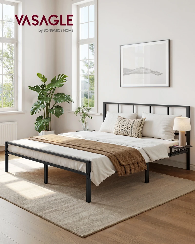 Songmics Vasagle Dvigulės lovos rėmas 160 x 200 cm su matiniu juodu galvūgaliu
