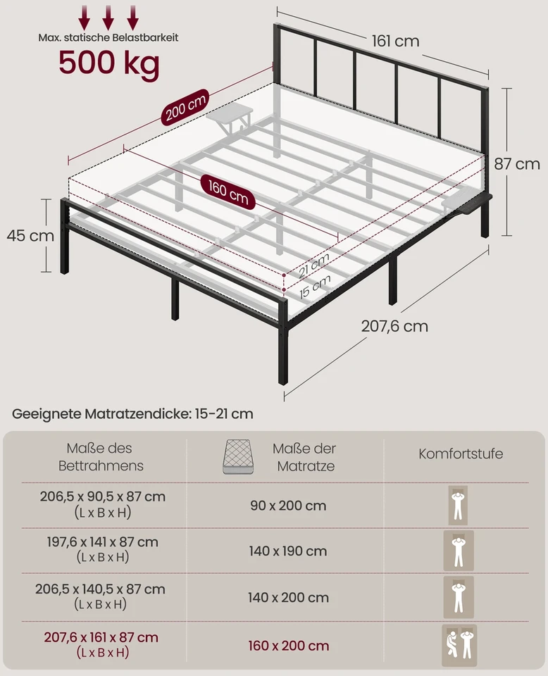 Songmics Vasagle Dvigulės lovos rėmas 160 x 200 cm su matiniu juodu galvūgaliu