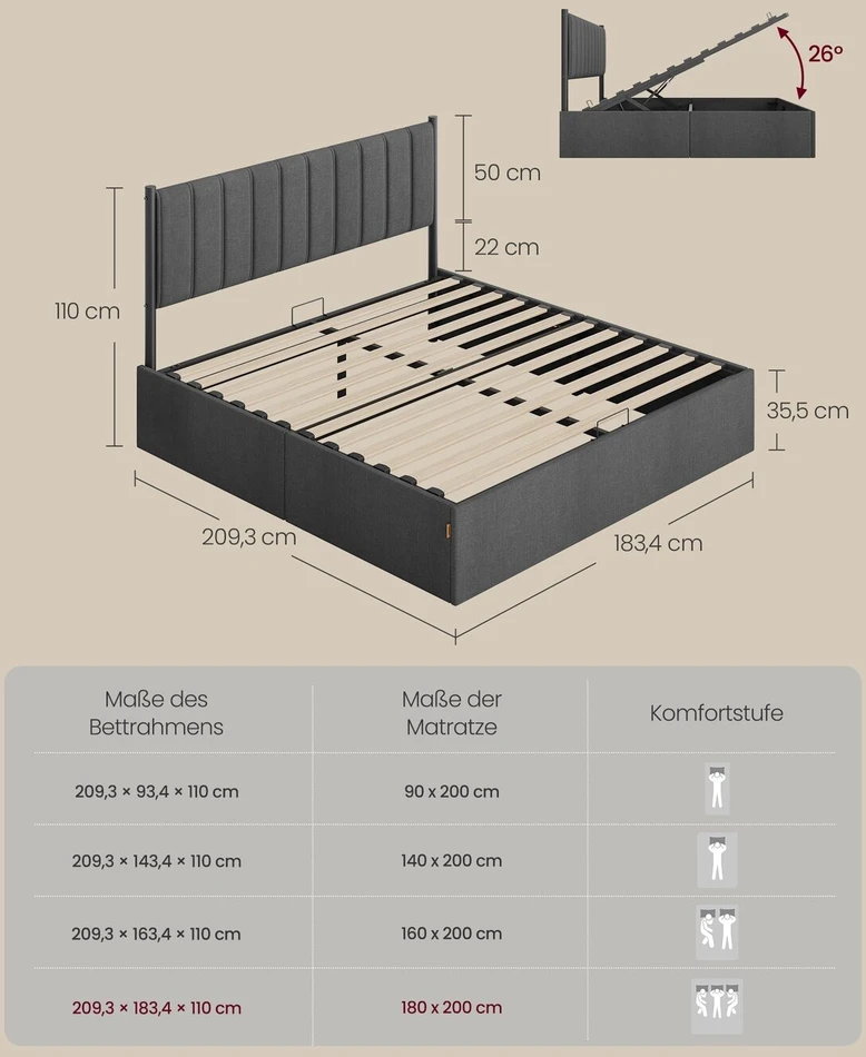 Songmics Lovos rėmas 180 x 200 cm