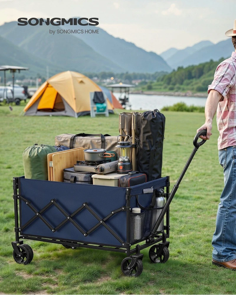 SONGMICS Mažas sulankstomas rankinis vežimėlis, sodo vežimėlis, kompaktiškas, su rankena, su 4 sustiprintais ratukais, iš kurių 2 yra universalūs, apkrova iki 150 kg, lauko, sodo, 150 l, vidurnakčio mėlyna