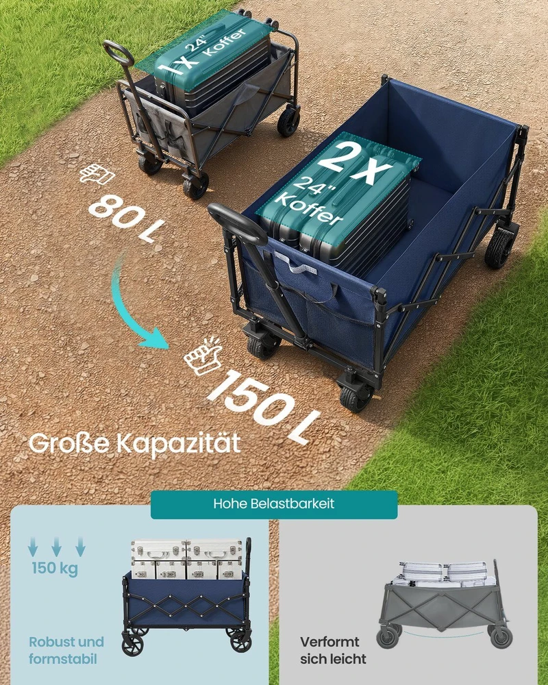 SONGMICS Mažas sulankstomas rankinis vežimėlis, sodo vežimėlis, kompaktiškas, su rankena, su 4 sustiprintais ratukais, iš kurių 2 yra universalūs, apkrova iki 150 kg, lauko, sodo, 150 l, vidurnakčio mėlyna