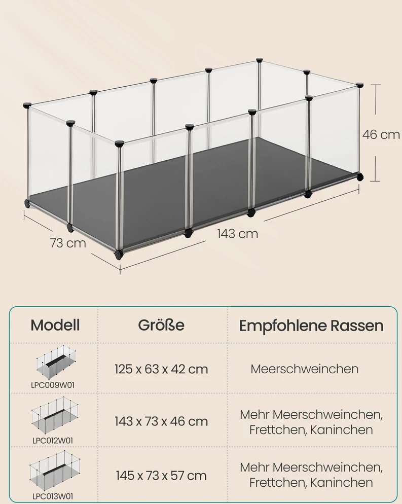 Songmics Mažų gyvūnų aptvaras su pagrindo plokštėmis 143 x 73 x 46 cm