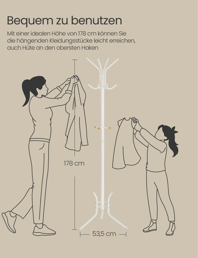 Songmics Drabužių kabykla iš plieno ir pušies medienos, balta, 53,5 × 53,5 × 178 cm