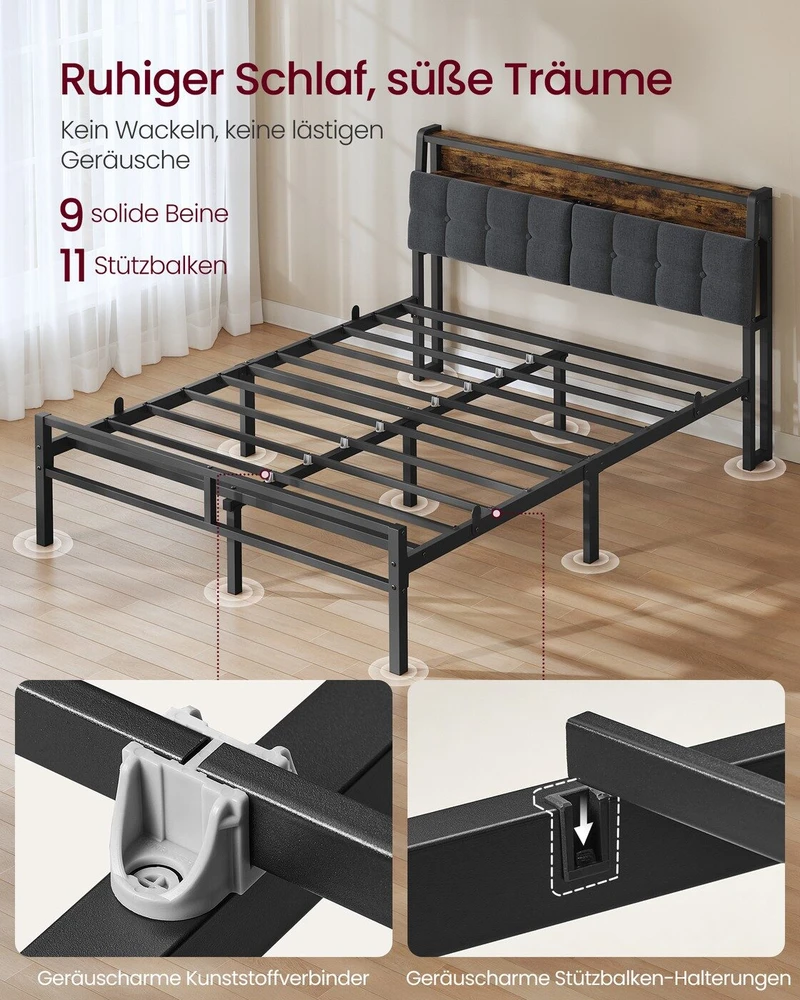 Lova Songmics Lovos rėmas su daiktadėže ir LED apšvietimu, matinės juodos ir vintažinės rudos spalvos, 218,3 × 140,5 × 104,5 cm