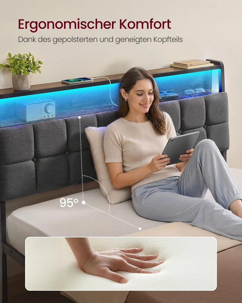 Lova Songmics Lovos rėmas su daiktadėže ir LED apšvietimu, matinės juodos ir vintažinės rudos spalvos, 218,3 × 140,5 × 104,5 cm