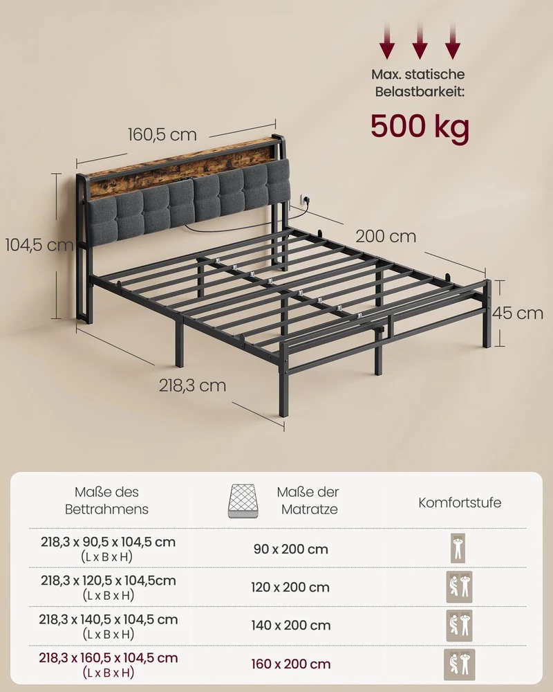 Songmics Lova su galvūgaliu ir LED apšvietimu, matinė juoda ir vintažinė ruda, 218,3 × 160,5 × 104,5 cm