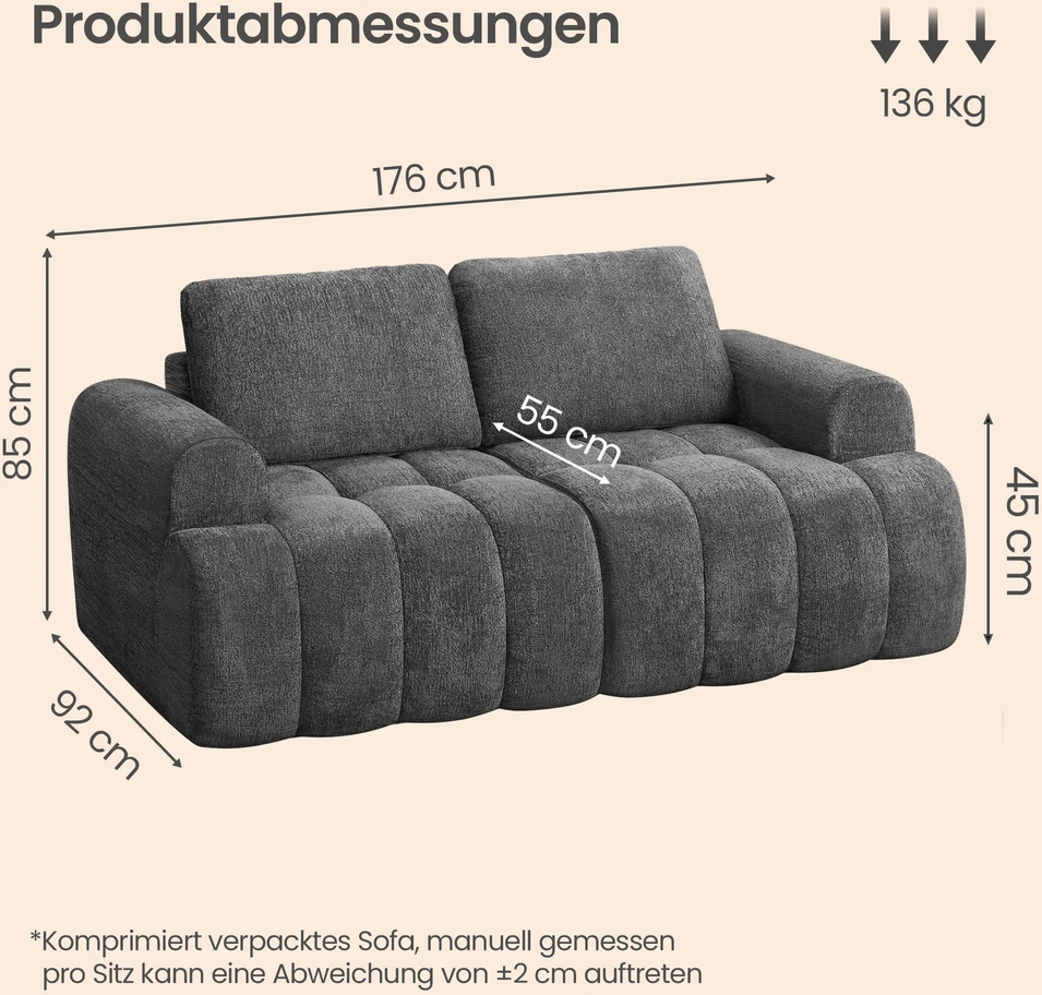 Songmics Modulinė sofa be karkaso iš šenilo audinio, 176 x 92 x 85 cm, tamsiai pilka