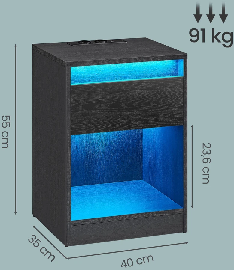 Songmics Naktinis staliukas su LED apšvietimu, stalčiumi ir 2 elektros lizdais