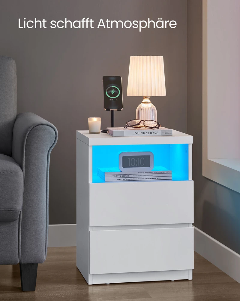 Songmics Vasagle 2 naktiniai staliukai su reguliuojamu LED apšvietimu, debesų baltumo